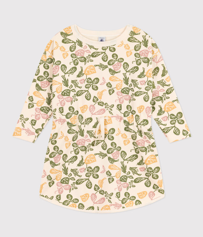 Meisjesjurk met lange mouwen in fleece met print ecru/roze/multicouleur