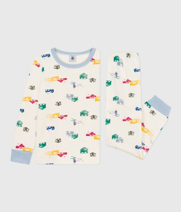 Pyjama enfant en molleton imprim&eacute; chalets &eacute;cru/multicouleur