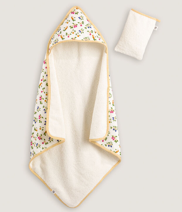 Badcape en washandje met vruchtenprint voor baby's wit/geel/multicouleur