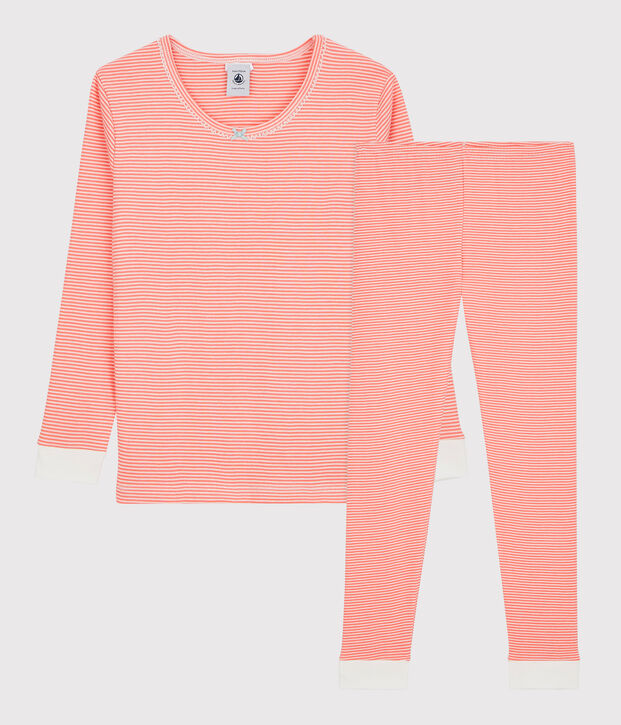 Pyjama snugfit ray&eacute; milleraies petite fille en coton orange/blanc