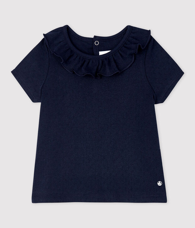 Blouse ajour&eacute;e manches courtes en coton b&eacute;b&eacute; fille bleu marine