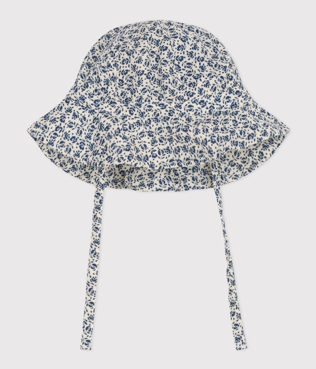 Zonnehoedje van licht katoen met blauwe bloemen voor baby's ecru/blauw