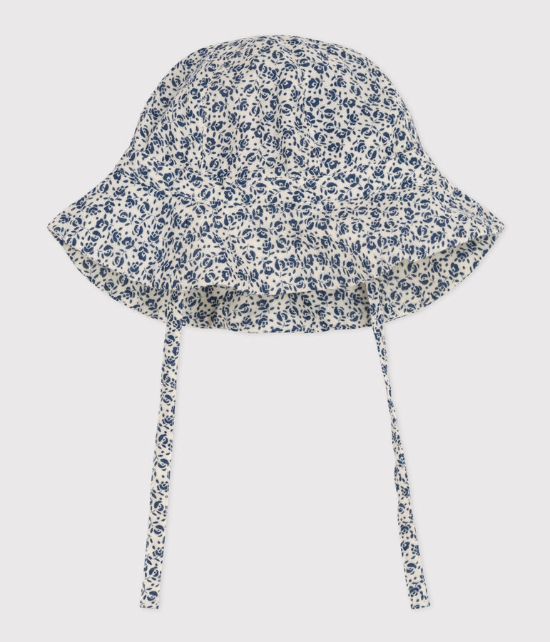 Capeline en gaze de coton fleurs bleues b&eacute;b&eacute; fille &eacute;cru/bleu