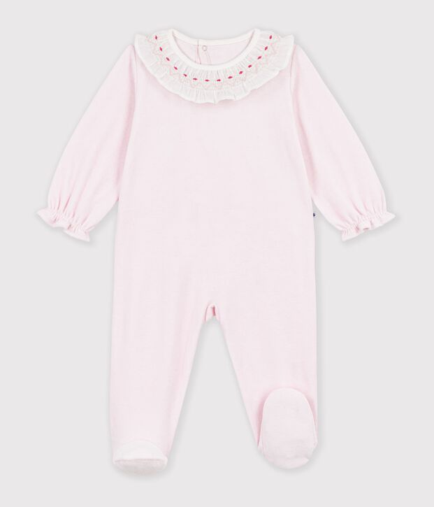 Pyjama b&eacute;b&eacute; en velours avec collerette et ouverture dos uni rose clair