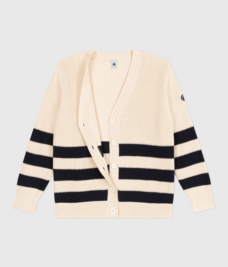 Cardigan femme en coton &agrave; rayures &eacute;cru/bleu