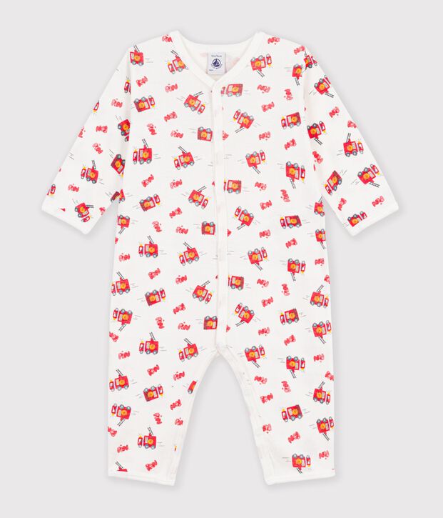 Katoenen babypyjama zonder voetjes met brandweermanprint wit/multicouleur