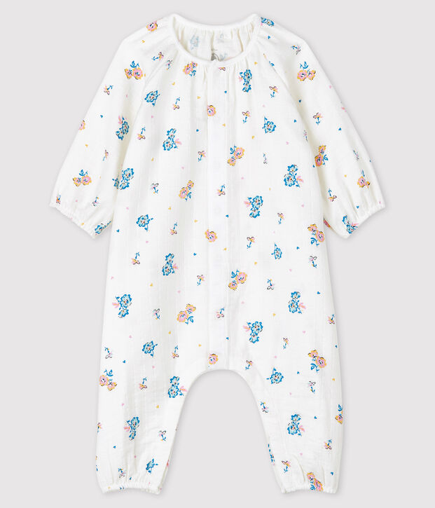 Lang kruippakje met bloemenprint voor babymeisjes van hydrofiel katoen wit/multicouleur