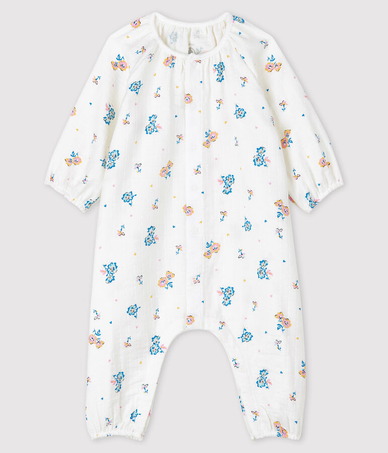 Lang kruippakje met bloemenprint voor babymeisjes van hydrofiel katoen wit MARSHMALLOW/wit MULTICO