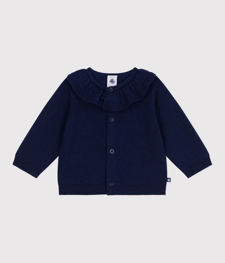 Cardigan b&eacute;b&eacute; en tricot laine et coton uni &agrave; col bleu