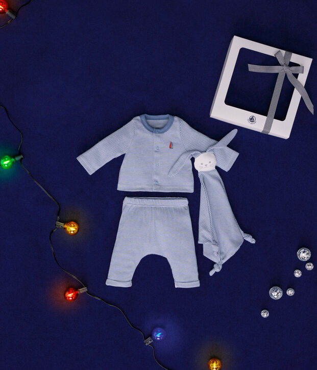 Coffret ensemble 3 pi&egrave;ces en coton b&eacute;b&eacute; bleu/blanc