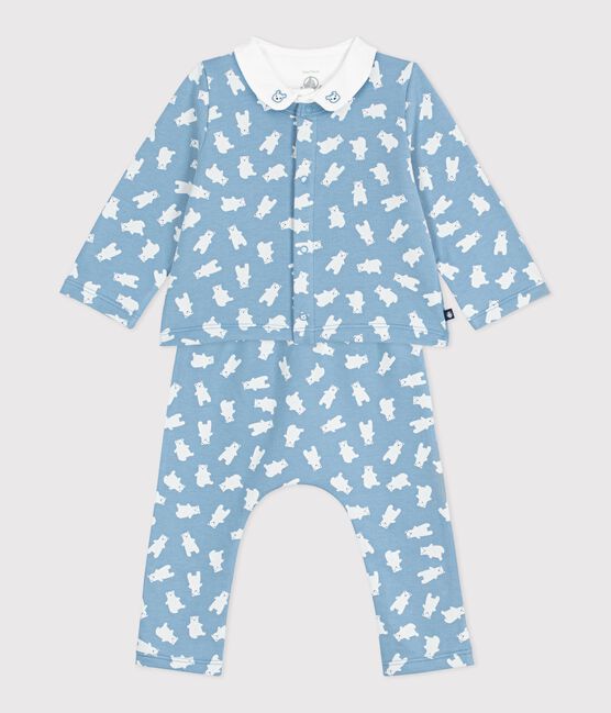 Driedelig babysetje met beertjesprint en body met borduursel aan de kraag blauw ADRIATIC/ MULTICO