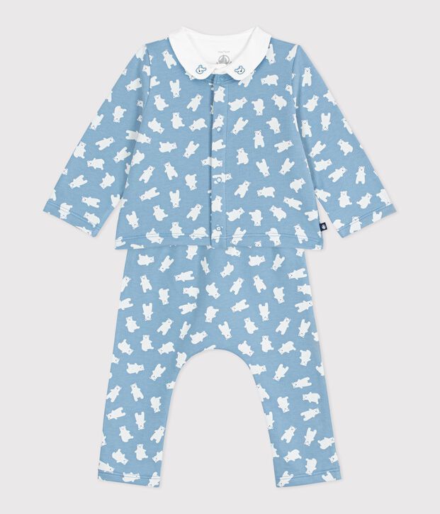 Driedelig babysetje met beertjesprint en body met borduursel aan de kraag blauw/multicouleur