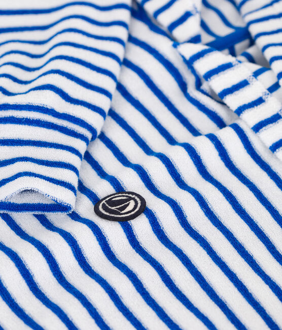 Uniseks sweatshirt met kap en streepjes van katoenen badstof voor kinderen blauw MARSHMALLOW/ PORCELANA