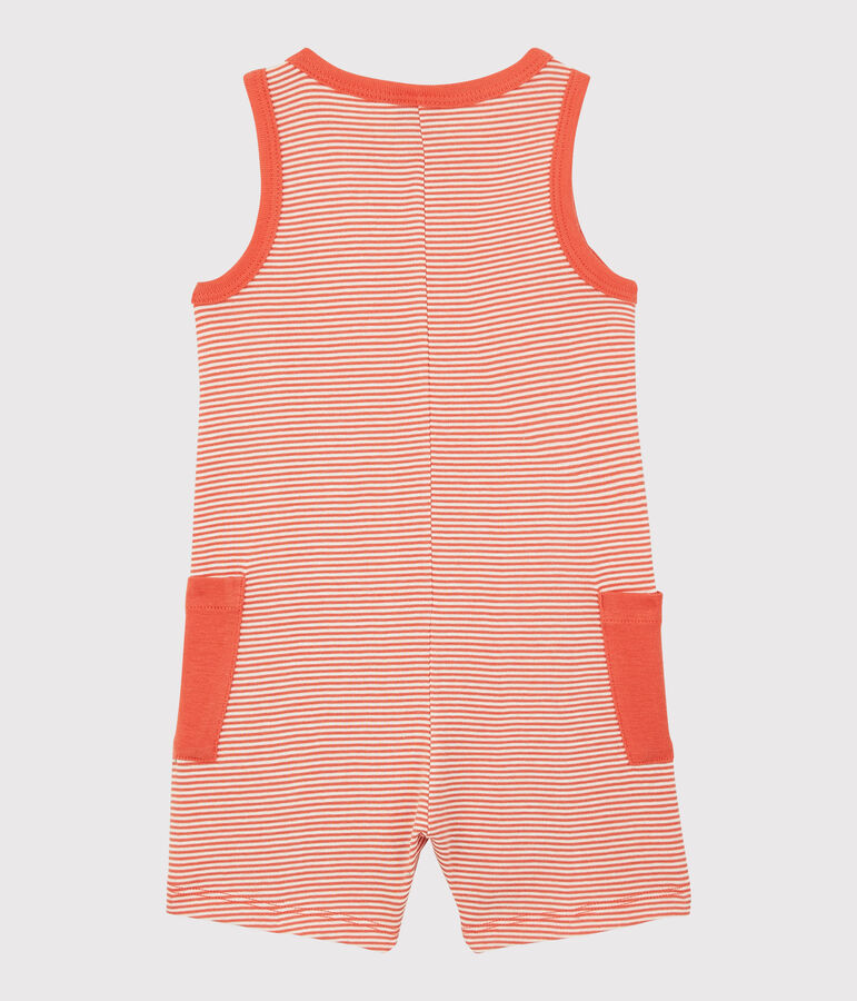 Korte gestreepte geribde jumpsuit voor babyjongens oranje OURSIN/wit MARSHMALLOW