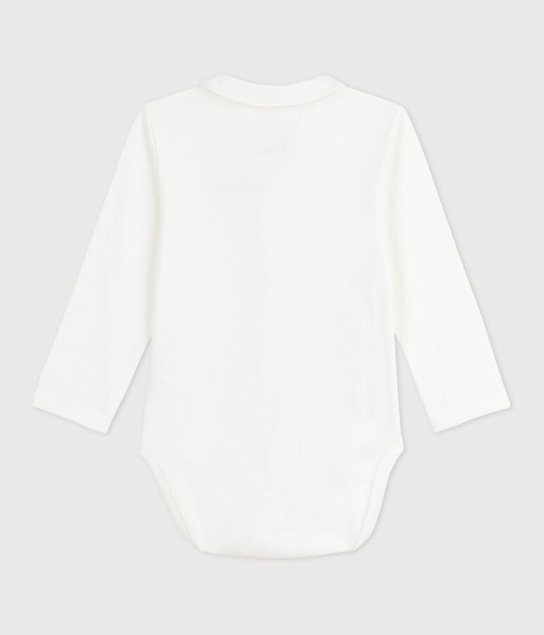 Babybody met geborduurd kraagje en opschrift op de borst wit/rood