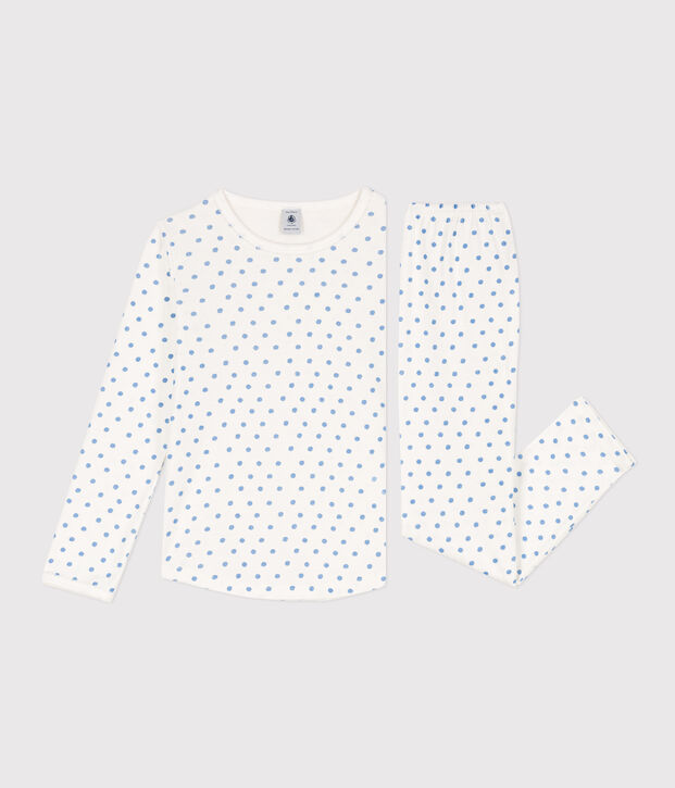 Katoenen meisjespyjama met stippen wit/blauw