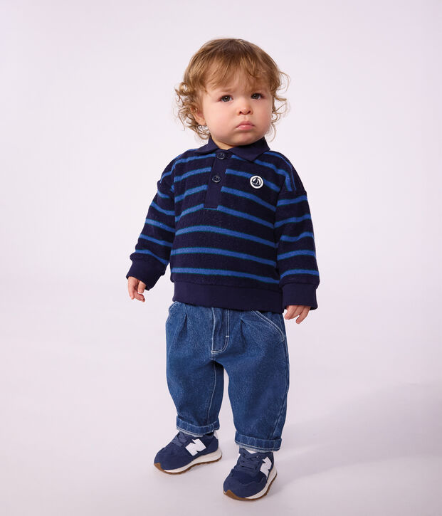 Katoenen babysweatshirt met streepjes en polokraag blauw/multicouleur