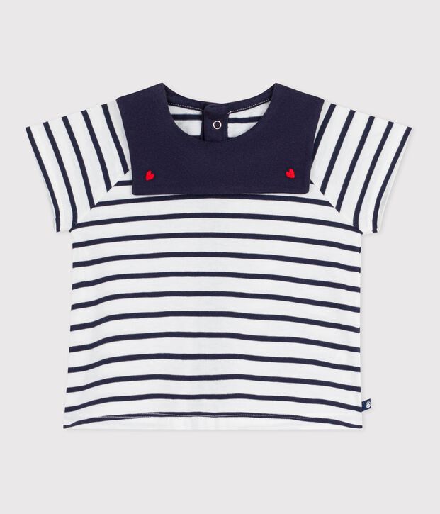 Katoenen babybloesje met matrozenstreepje en geborduurd kraagje wit/blauw