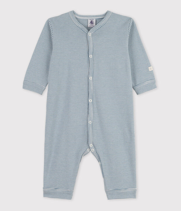 Katoenen babypyjama met milleraies-streepjes zonder voetjes blauw/wit