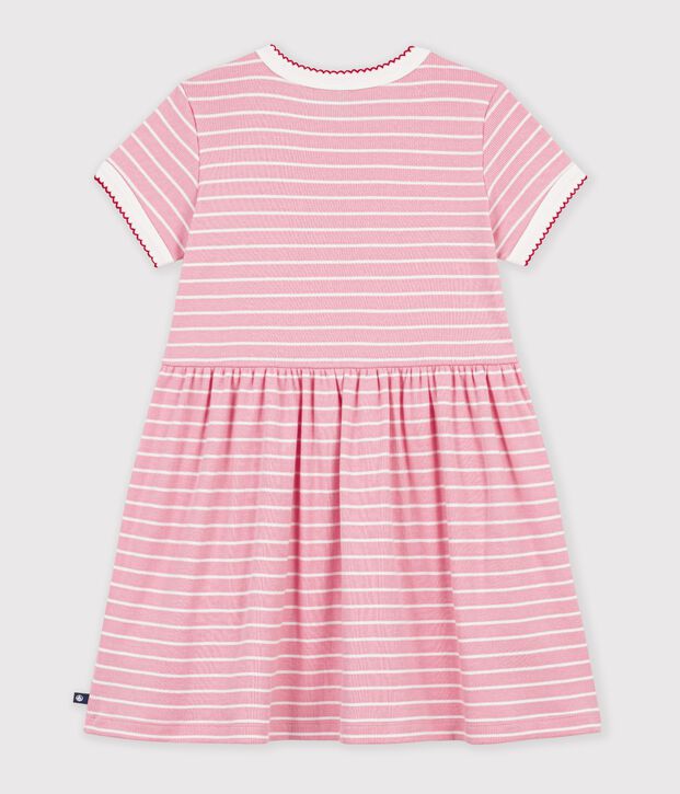 Robe enfant en coton manches courtes &agrave; rayures rose/blanc