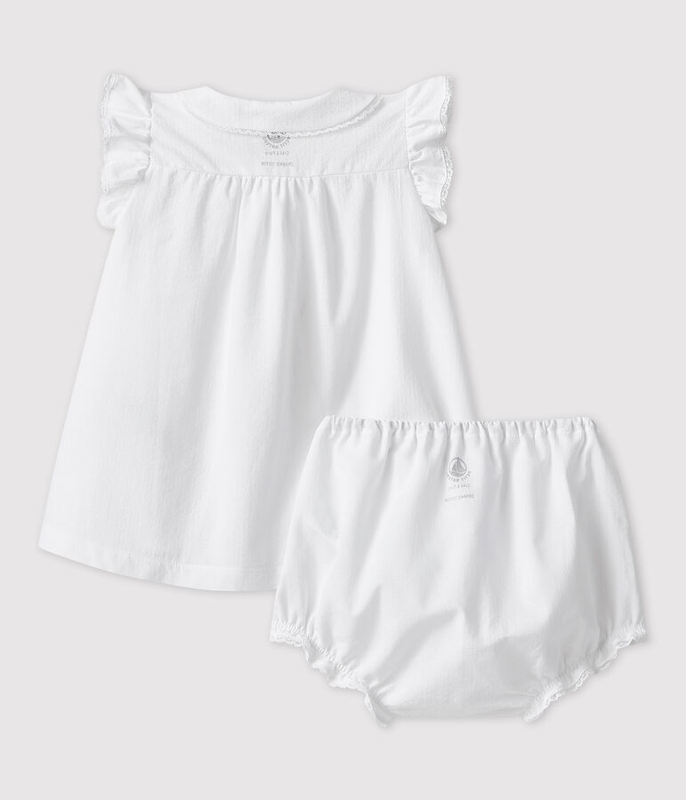 Robe blanche manches courtes avec bloomer b&eacute;b&eacute; fille en popeline de coton biologique blanc