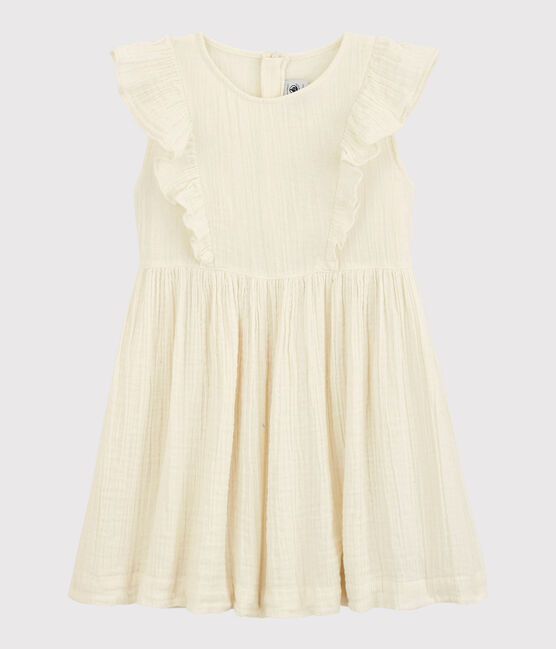 Jurk in biokatoenen gaas en jersey voor meisjes wit MARSHMALLOW