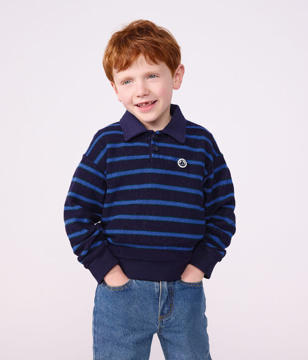 Sweatshirt col polo enfant en coton &agrave; rayures bleu/vert/bleu