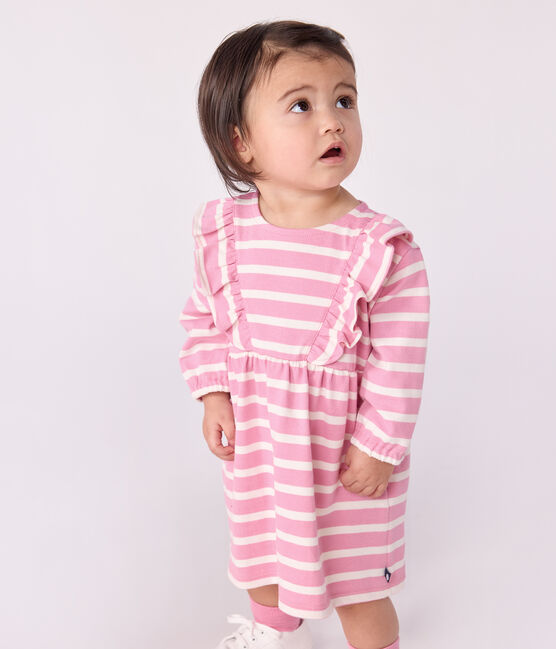 Gestreepte katoenen babyjurkje met lange mouw roze BOUDOIR/ MILK