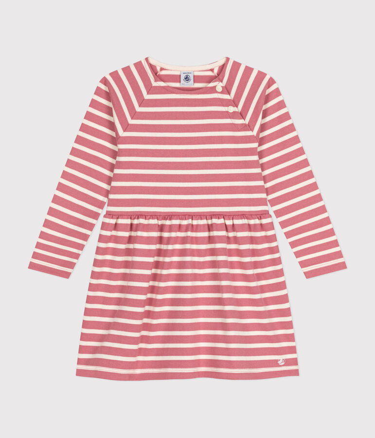Robe manches longues en coton &eacute;pais enfant fille rose/&eacute;cru