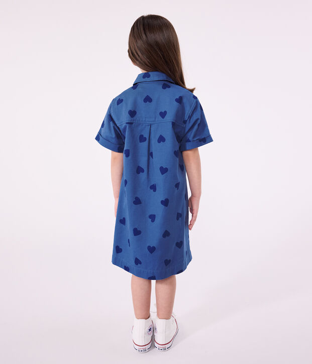 Katoenen kinderjurk met korte mouwen en hartjes blauw/blauw
