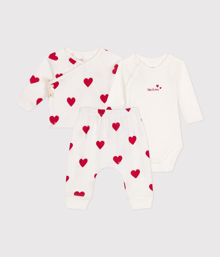 Ensemble 3 pi&egrave;ces imprim&eacute; coeur en coton b&eacute;b&eacute; blanc MARSHMALLOW/rouge TERKUIT