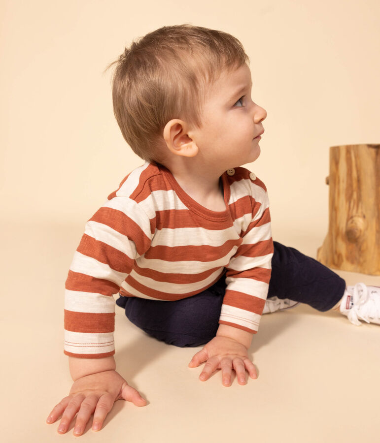 T-shirt met lange mouwen in bedrukte gevlamde jersey voor baby's bruin/ecru