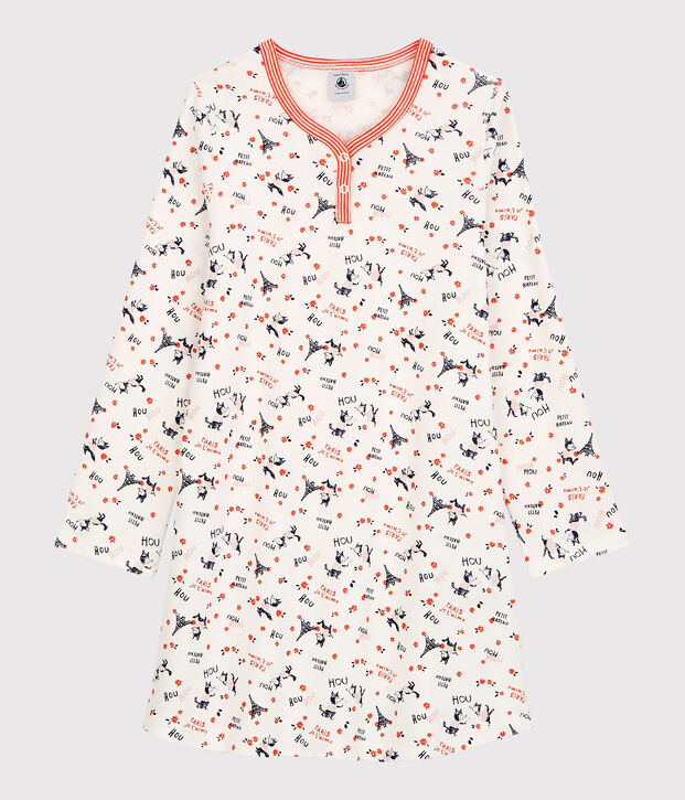 Chemise de nuit imprim&eacute; Paris petite fille en coton biologique blanc/multicouleur