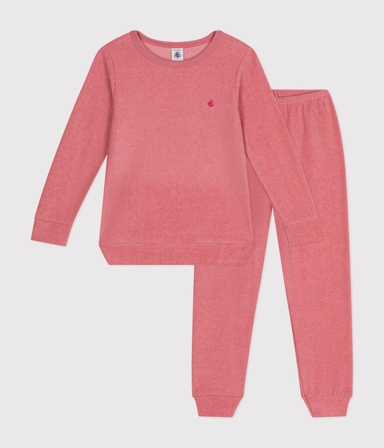 Effen kinderpyjama van geruwde boucl&eacute; badstof roze