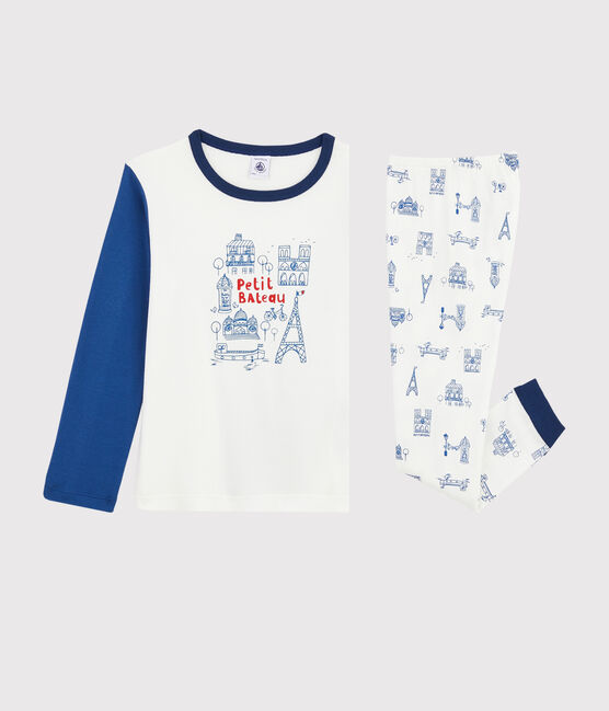 Jongenspyjama van ribtricot met "Paris" motief wit MARSHMALLOW/blauw BLEU/ MULTICO