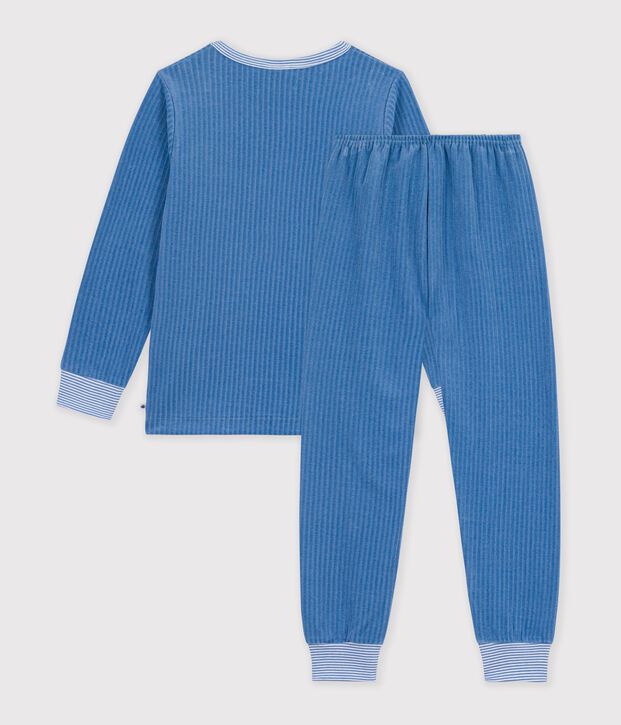 Pyjama enfant en velours c&ocirc;tel&eacute; uni bleu