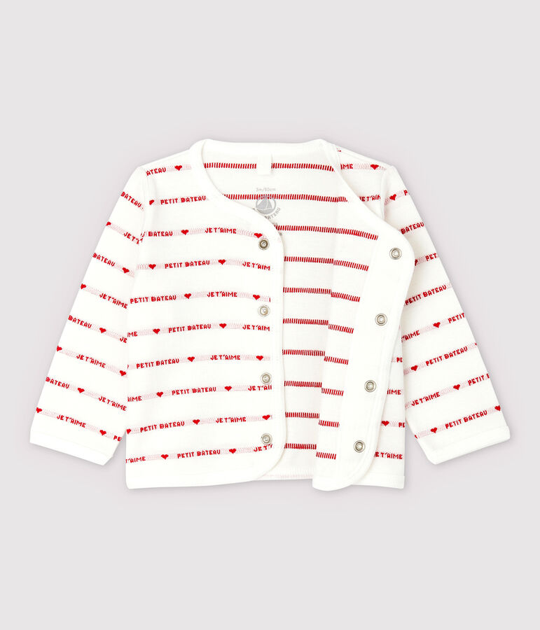 Cardigan Petit Bateau Je t'aime b&eacute;b&eacute; en jacquard en coton biologique blanc/rouge