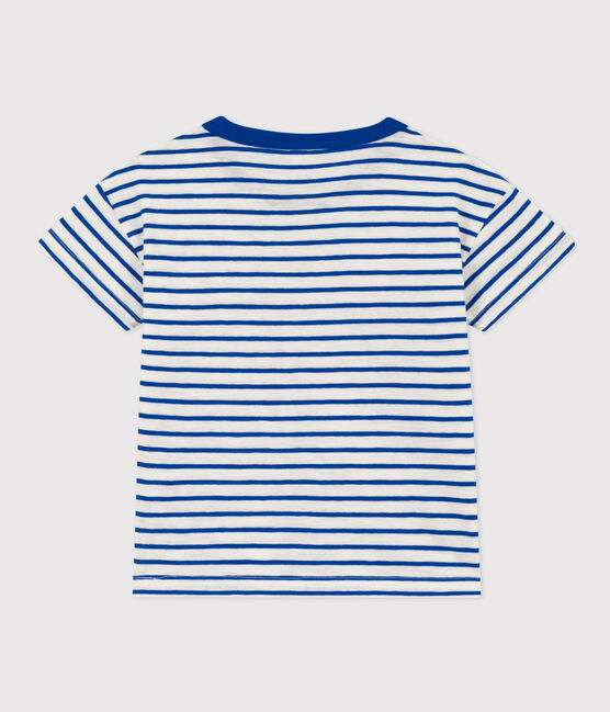 Gestreept katoenen T-shirt voor jongens/meisjes wit MARSHMALLOW/blauw PERSE