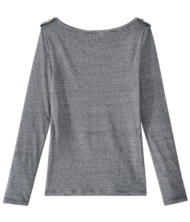 T-shirt femme manches longues en lin ray&eacute; bleu SMOKING/blanc LAIT