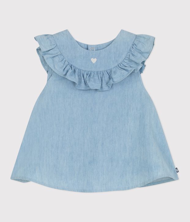 Katoenen babybloesje zonder mouwen in geborduurde chambray blauw