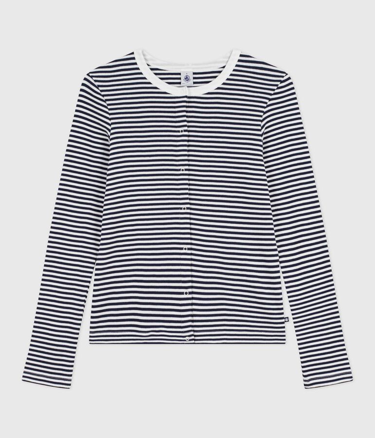 Cardigan femme en coton &agrave; rayures bleu/blanc