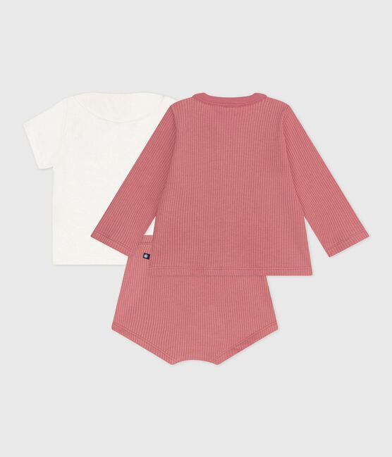 Driedelig katoenen geboortesetje met T-shirt met geborduurd kraagje roze ROSEWOOD/ MULTICO