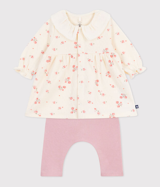 Babyjurkje met kraag en bloemenprint en legging van katoen ecru/multicouleur