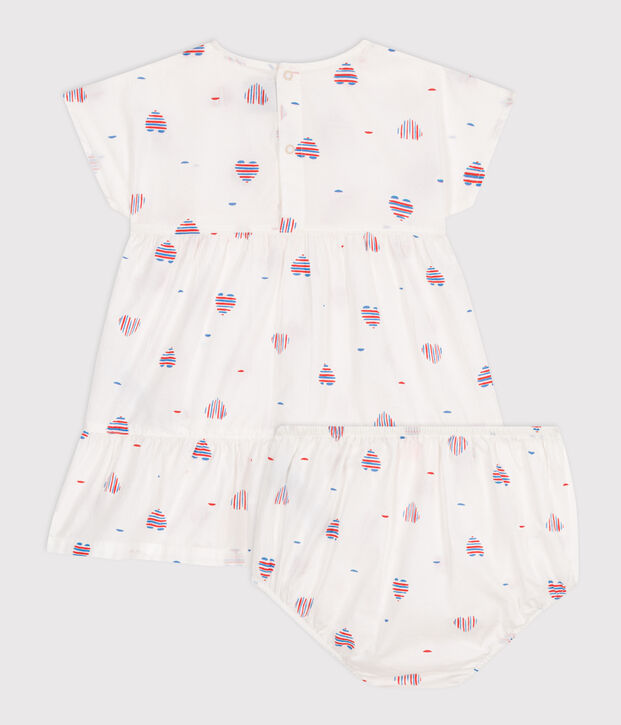 Katoenen babyjurk met korte mouwen en bloomer met hartjesprint ecru/multicouleur