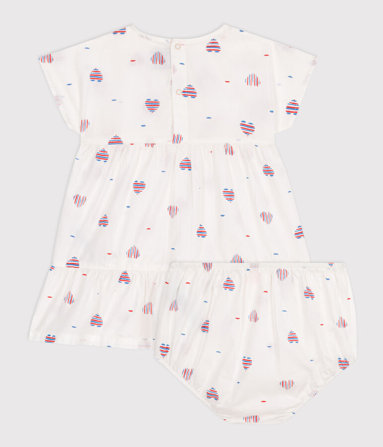 Katoenen babyjurk met korte mouwen en bloomer met hartjesprint ecru/multicouleur