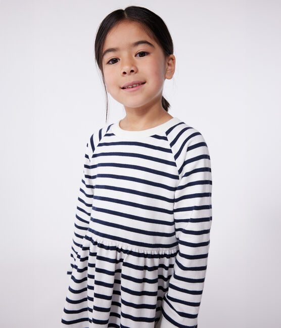 Katoenen kinderjurk met lange mouwen en strepen wit MARSHMALLOW/blauw SMOKING