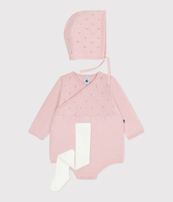 Ensemble cadeau bébé beguin, barboteuse et collant en tricot variante 1