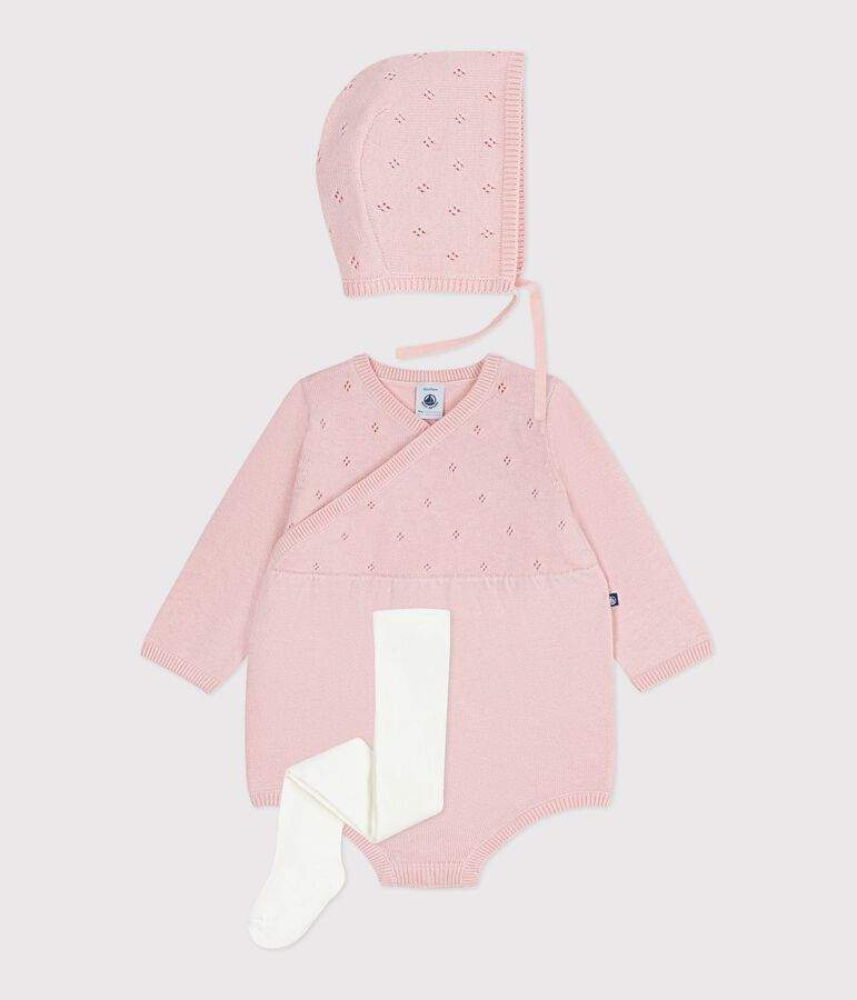 Ensemble cadeau b&eacute;b&eacute; beguin, barboteuse et collant en tricot multicouleur