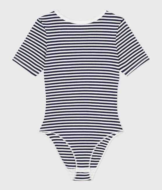 Katoenen damesbody met korte mouwen en streepjes blauw SMOKING/wit MARSHMALLOW
