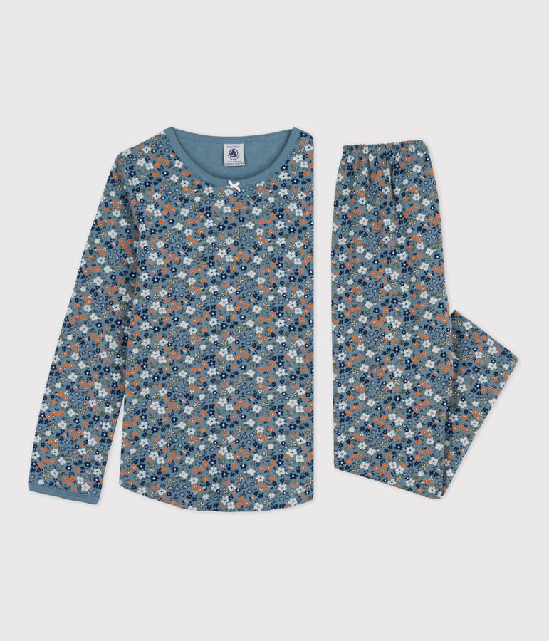 Pyjama fleur petite fille en coton bleu/multicouleur